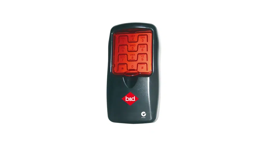 B&D garage door entry keypad with red illuminated buttons