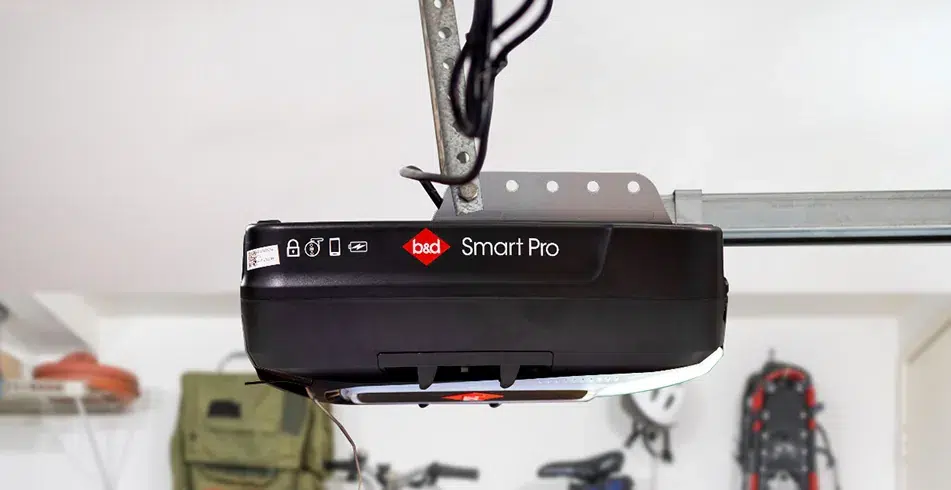 B&D Smart Pro garage door opener mounted on a garage ceiling