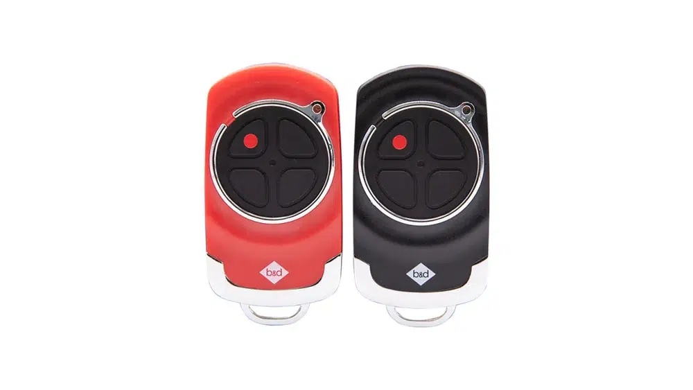 Red and black B&D Tri-Tran+ premium garage door remotes